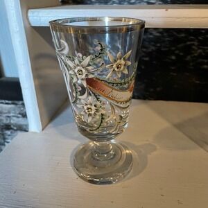 Vintage Hand Painted Edelweiss‎ Floral Glass Bud Vase Gold Trim Souvenir